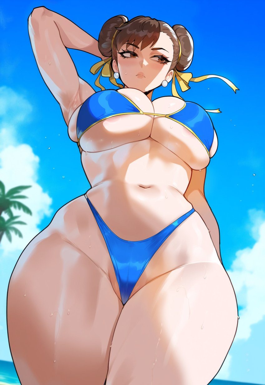 1girls ai_generated beach blush brown_eyes brown_hair chun-li creamy_ai double_bun large_breasts medium_hair outdoors solo street_fighter sweat