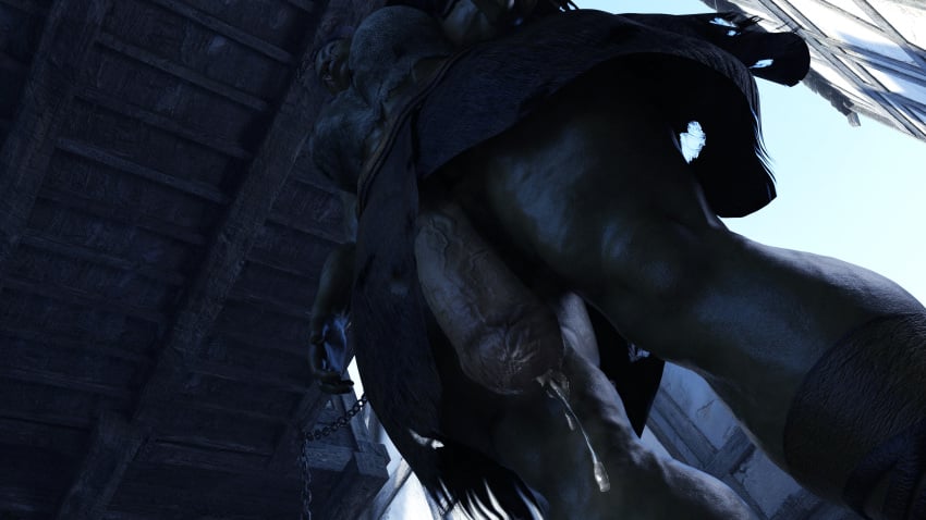 3d 3d_(artwork) blankken foreskin futa_only futanari huge_cock low-angle_view muscular muscular_futanari orc orc_futanari penis phimosis precum precum_drip solo solo_futa veiny_penis