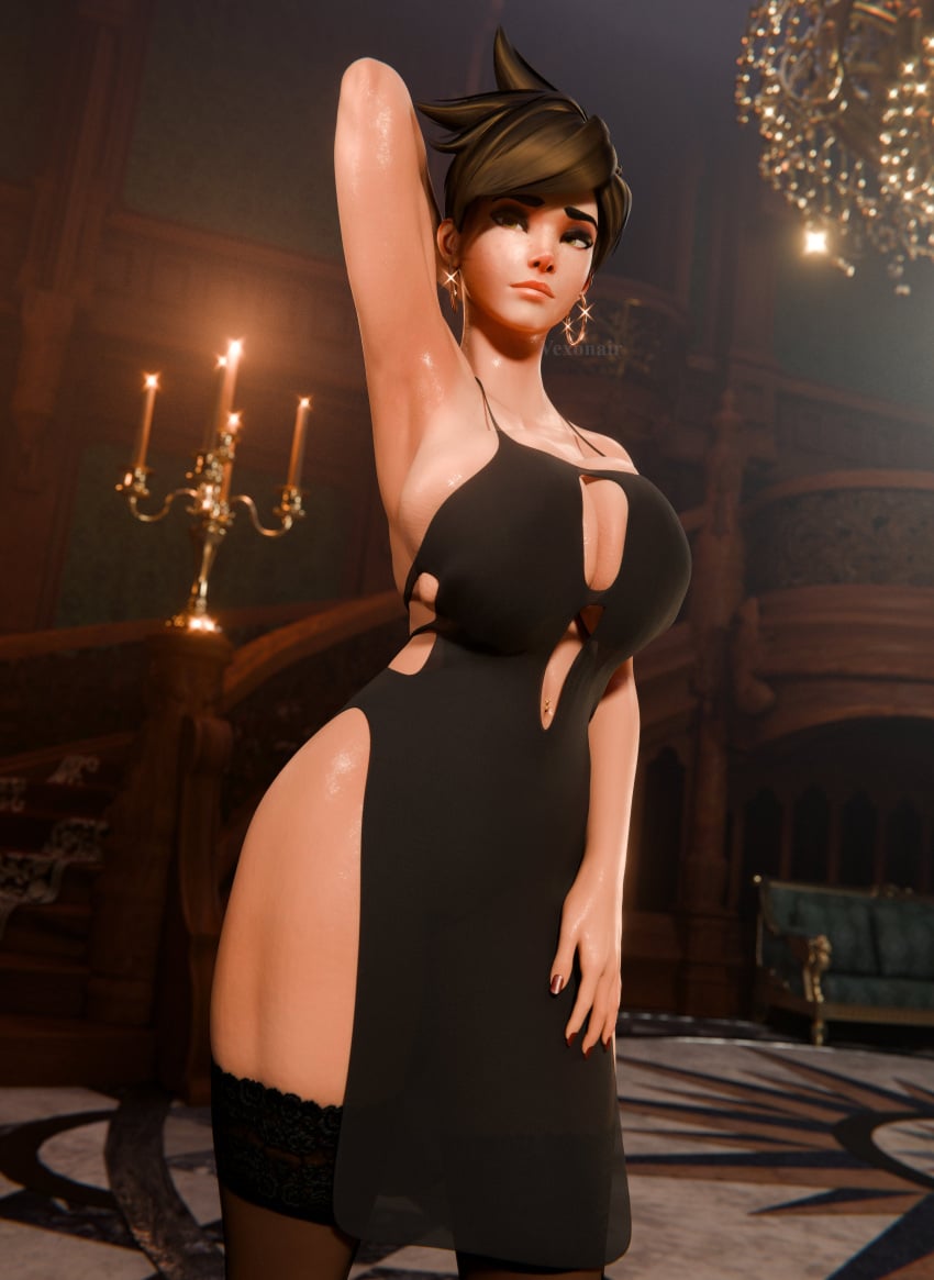 1girls armpits big_breasts black_dress blizzard_entertainment breasts brown_hair brown_hair_female clothed clothed_female dress female female_focus female_only legs lena_oxton light-skinned_female light_skin overwatch overwatch_2 resident_evil_8:_village selfie sexy sexy_clothing thighs tracer vexonair