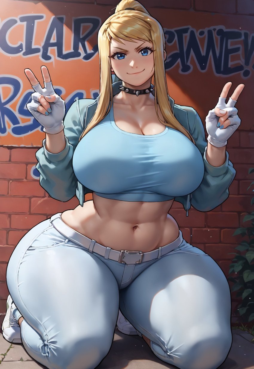 abs ai_assisted ai_generated alternate_breast_size anime big_breasts blonde_female blonde_hair blue_eyes busty busty_female civitai clothed clothed_female cropped_jacket detailed_background deviantart exposed_breasts fingerless_gloves fullmetal_alchemist fullmetal_alchemist_brotherhood hotpants hourglass_figure lewd looking_at_viewer metaphorzio midriff nail_polish nails_painted nsfw peace_sign ponytail shades six_pack smug smug_expression smug_face smug_grin smug_smile solo solo_female sunglasses sunglasses_on_face thick_thighs thunder_thighs thunderthighs winry_rockbell