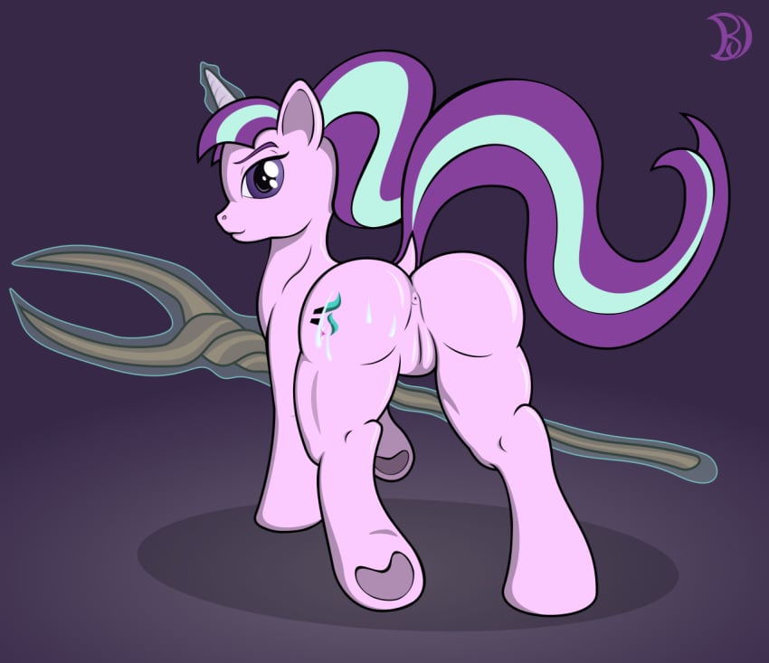 2015 anus ass bajanic equine female friendship_is_magic hair horn horse looking_at_viewer looking_back mammal my_little_pony polearm pony purple_eyes purple_hair solo staff starlight_glimmer unicorn