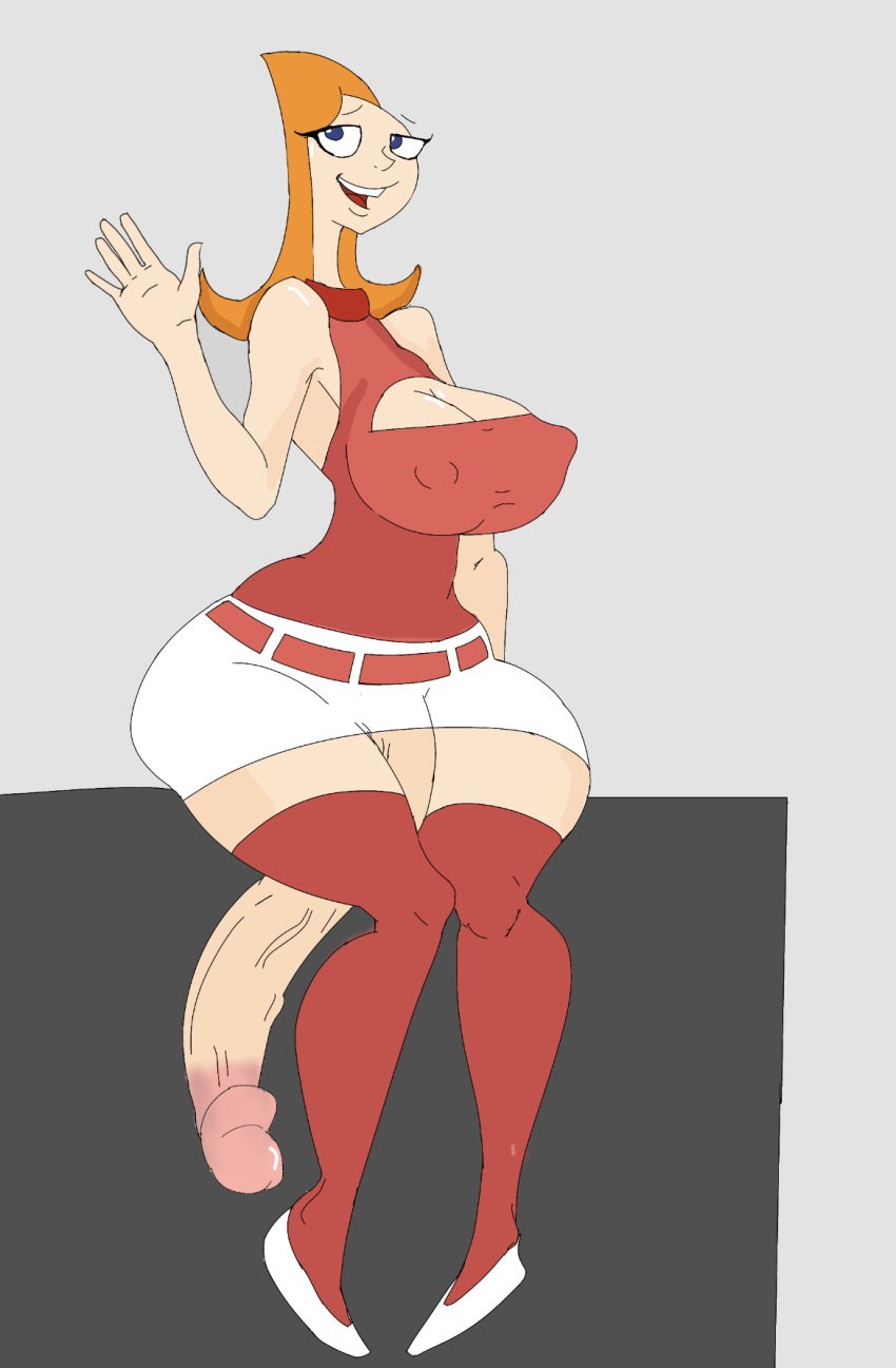 candace_flynn disney futa_focus futa_only futanari ginger_hair kingpingles large_breasts large_penis long_neck long_penis phineas_and_ferb red_clothing solo thick_thighs white_shirt