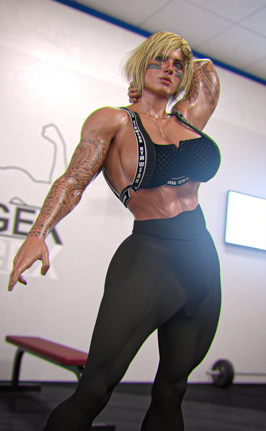 1futa 3d 3d_(artwork) abs big_breasts blonde_hair breasts brynhildr93 bulge bulge_through_clothing futanari muscular muscular_futanari rainbow_six rainbow_six_siege solo sports_bra tattoo valkyrie_(rainbow_six)