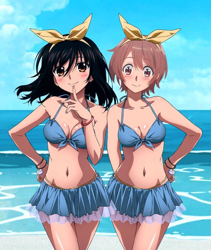 2girls bare_shoulders bikini_skirt black_hair blue_bikini brown_hair cleavage hand_on_hip long_hair looking_at_viewer medium_breasts ribbon short_hair standing string_bikini