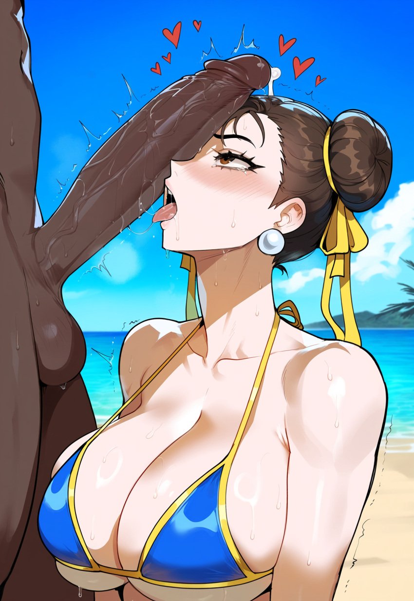 1boy 1girls ai_generated beach blush brown_eyes brown_hair chun-li creamy_ai dark-skinned_male double_bun interracial large_breasts licking_penis medium_hair open_mouth outdoors penis street_fighter sweat testicles tongue tongue_out uncensored