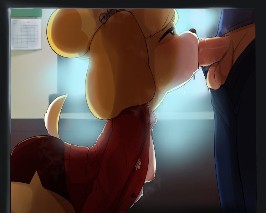 5:4 animal_crossing anthro anthro_penetrated areola balls biped blush breasts canid canine canis clothed clothing domestic_dog duo erection female female_penetrated fur genitals hi_res human human_on_anthro human_penetrating human_penetrating_anthro interspecies isabelle_(animal_crossing) male male/female male_penetrating male_penetrating_female mammal mdthetest multicolored_body nintendo nipples oral oral_penetration penetration penile penile_penetration penis sex side_view tail white_body yellow_body yellow_fur yellow_tail