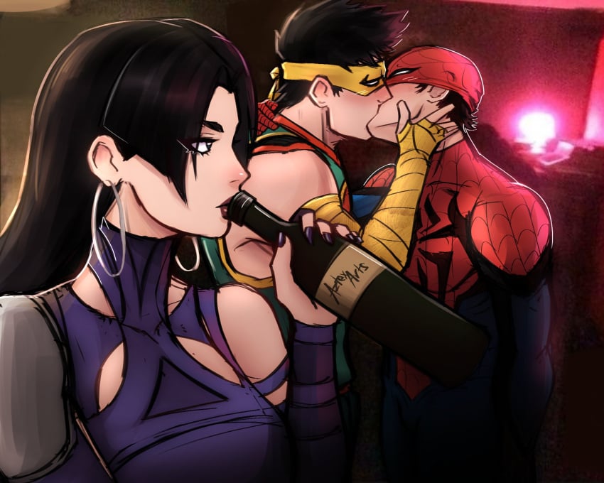 2boys alcohol arm_wrap aztexarts black_hair blush bottle commentary drinking earrings english_commentary eyelashes female funny hand_on_another's_face head_tilt highres holding holding_bottle hoop_earrings iron_fist iron_fist_(marvel_rivals) jewelry jumpsuit kissing lipstick long_hair makeup marvel marvel_rivals mask mask_up meme multicolored_clothes multiple_boys no_pupils photo_background piercing psylocke psylocke_(marvel_rivals) purple_shirt red_lips sai_(marvel) shirt short_hair single_bare_shoulder spider-man spider-man_(marvel_rivals) standing superhero_costume vengeance_psylocke white_eyes wine_bottle yaoi yellow_mask