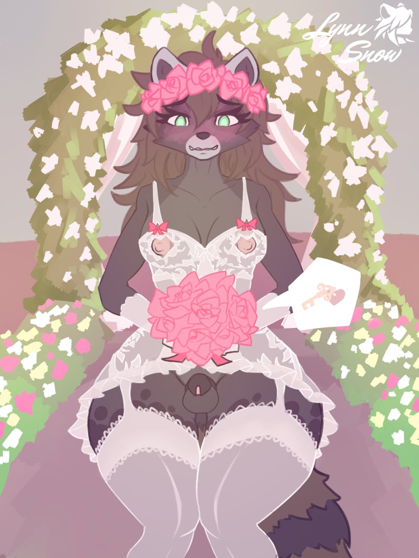 absurd_res accessory alain_the_raccoon_(softthaicat) anthro areola balls blush bouquet bow_accessory bow_ribbon breasts bridal_lingerie bride brown_hair chastity_cage chastity_device chastity_key clothed clothing corset dress embarrassed floral floral_print flower flower_accessory flower_bouquet flower_crown flower_garland flower_hair_accessory flower_in_hair frilly frilly_clothing fur garland garter_straps genitals grey_body grey_fur gynomorph hair hair_accessory hi_res intersex key_disposal legwear lingerie looking_at_viewer lynnsnowmew mammal penis permanent_chastity_device plant procyonid raccoon simple_background solo stockings tail topwear translucent translucent_clothing wedding