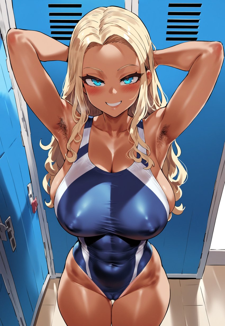 ai_generated armpit_hair armpits arms_up big_breasts blonde_hair blue_eyes blush cameltoe competition_swimsuit female female_focus from_above gyaru huge_breasts jagat_ai large_breasts locker locker_room long_hair nipple_bulge nipples nipples_visible_through_clothing one-piece_swimsuit original original_character smile solo solo_focus swimsuit tan_skin tanned tanned_female