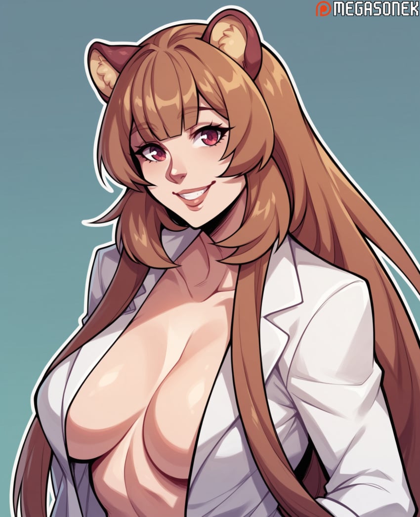 ai_generated animal_ear_fluff animal_ears bangs blunt_bangs breasts brown_hair cleavage collarbone female grin labcoat large_breasts lips long_hair looking_at_viewer megasonek no_bra open_clothes open_shirt patreon_username raccoon_ears raccoon_girl raphtalia red_eyes shirt simple_background smile solo tate_no_yuusha_no_nariagari teeth the_rising_of_the_shield_hero upper_body watermark white_shirt