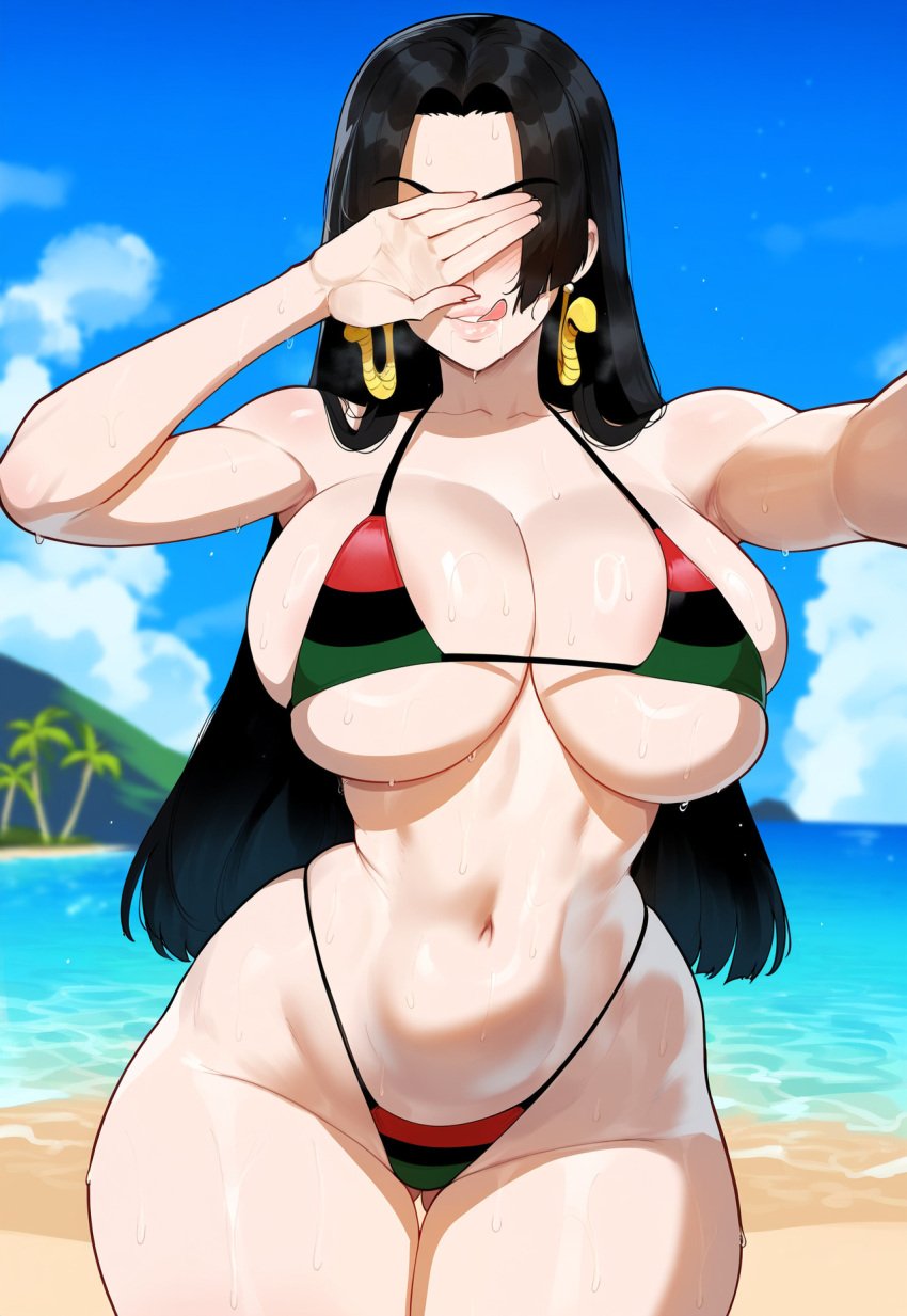 1girls ai_generated black_hair boa_hancock busty creamy_ai curvy curvy_female curvy_figure female female_focus large_breasts light-skinned_female light_skin long_hair mature mature_female one_piece pan-african_flag_bikini pan_african_colors tagme