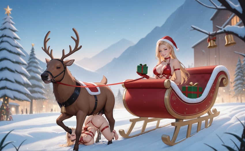 2girls ai_generated belly_riding bestiality fanny_packing insertusername outdoors reindeer sleigh snow undercarriage zoophilia