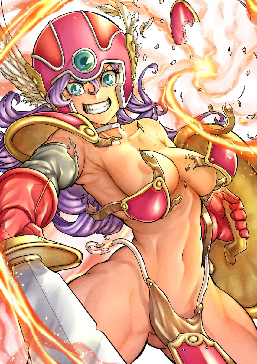 1girls 2024 abs aqua_eyes armor bikini_armor breasts dragon_quest dragon_quest_iii emit_x gloves helmet hi_res holding_shield holding_weapon huge_breasts long_hair open_mouth purple_hair revealing_clothes shield sideboob signature soldier_(dq3) solo square_enix sword thigh_boots toned toned_female variant_set very_long_hair weapon winged_helmet wings