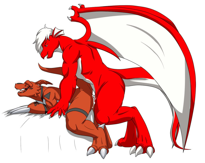 alpha_channel anal anal_sex anthro bed bent_over cel_shading closed_eyes cum cum_splatter darthglacier digimon duo gay guilmon looking_pleasured male male_only on_bed open_mouth penetration plain_background scalie size_difference standing transparent_background