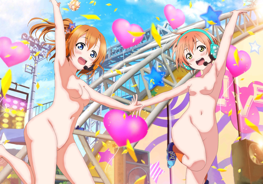 absurdres balloons blue_eyes blush breasts happy headphones heart highres hoshizora_rin kousaka_honoka love_live! love_live!_school_idol_project multiple_girls nipples nude nude_filter open_mouth outdoors photoshop public public_nudity pussy small_breasts uncensored yellow_eyes zenra