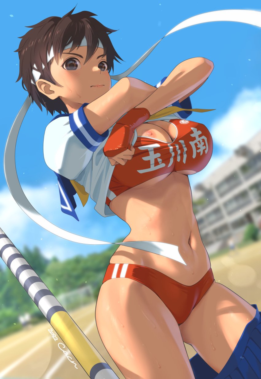 artist_name bangs bar_censor blue_sailor_collar breasts brown_eyes brown_hair buruma cacn capcom casual censored clothes_lift clothing commentary dated female fingerless_gloves footwear gloves handwear headband headwear highres human kyakkun looking_at_viewer medium_breasts navel nipple_slip nipples outdoors pale_skin red_buruma sailor_collar sakura_kasugano school_uniform serafuku shirt_lift short_hair skirt solo sports_bikini sports_bra sportswear street_fighter street_fighter_alpha sweat thick_thighs tomboy track_and_field translation_request very_short_hair