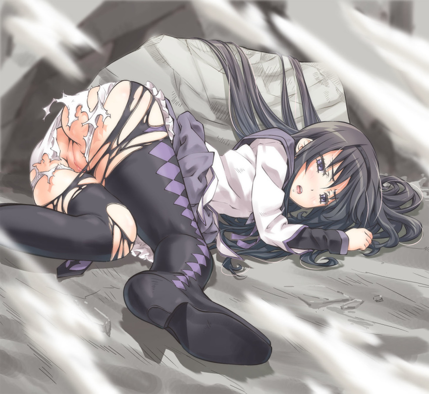 akemi_homura argyle argyle_legwear ass black_hair black_legwear blush hairband high_heels highres long_hair long_sleeves magical_girl mahou_shoujo_madoka_magica open_mouth pantyhose purple_eyes pussy skirt solo suzuki24 torn_clothes torn_pantyhose uncensored