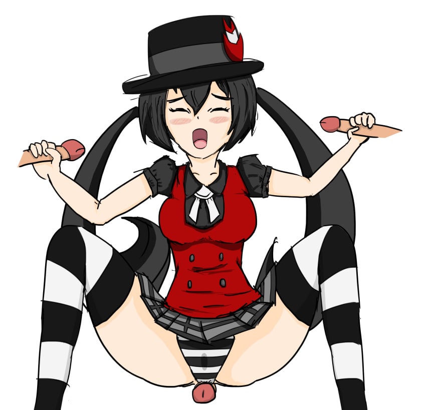 bad_id black_hair black_striped_panties blush breasts closed_eyes erection gangbang grinding group_sex handjob hat highres human human_only long_hair nintendo open_mouth outercourse panties penis penis_grab pokemon pokemon_xy serena_(pokemon) serena_(pokemon_games) skirt skirt_lift striped striped_legwear striped_panties thighhighs threesome tied_hair tongue twintails uncensored underwear