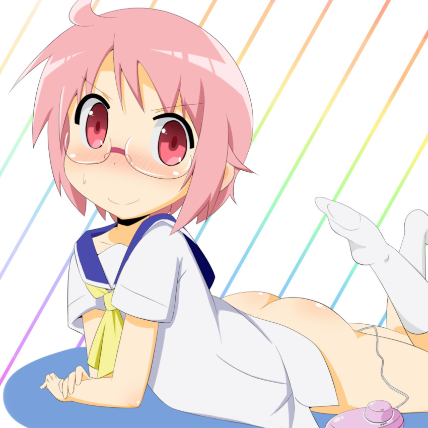 ass blush bottomless cello_(20000) cello_(pixiv) clothing feet female glasses highres lying masturbation no_panties nonohara_yuzuko on_stomach pink_eyes pink_hair school_uniform short_hair short_pink_hair smile socks solo sweatdrop vibrator yuyushiki