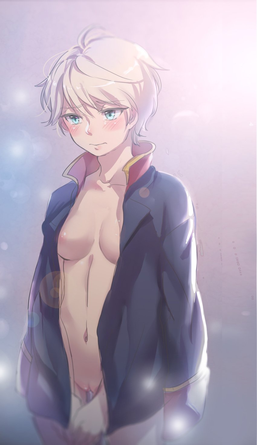 1girls absurdres aldnoah.zero areolae artist_request blonde_hair blue_eyes blush breasts crossdressing female highres masturbation naked_coat nude pussy short_hair silver_hair slaine_troyard solo tears tomboy very_short_hair