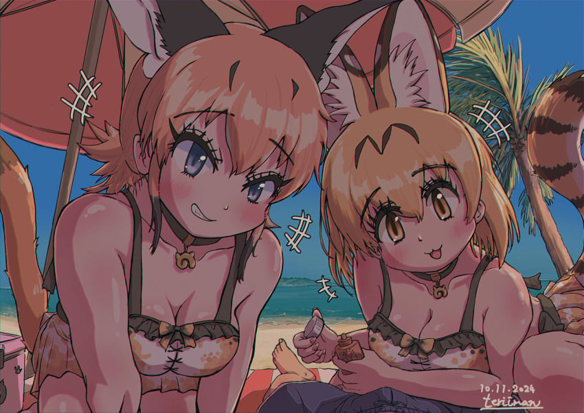 1boy 2girls beach caracal_(kemono_friends) cleavage kemono_friends kemonomimi male_pov serval_(kemono_friends) swimsuit teriiman