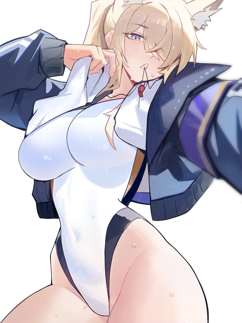 1girls animal_ears blonde_hair blue_archive dog_ears dog_girl female female_only kanna_(blue_archive) kanna_(swimsuit)_(blue_archive) light-skinned_female light_skin ninra one-piece_swimsuit public public_peace_bureau_(blue_archive) solo swimsuit valkyrie_police_school_student