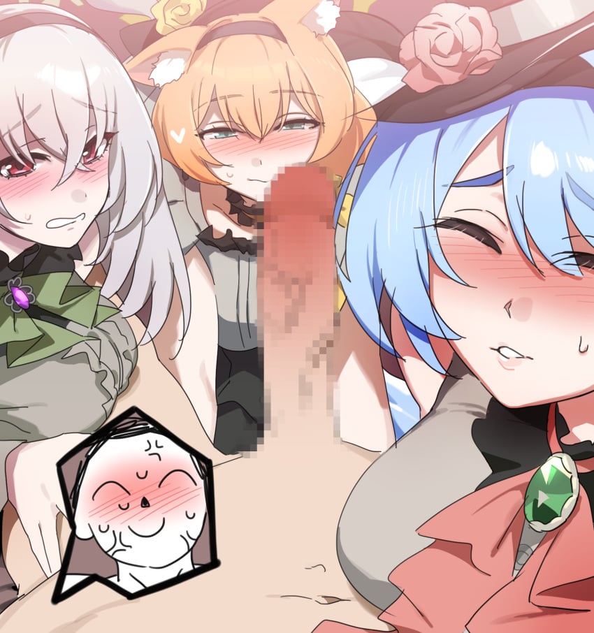 1boy 3girls anger_vein animal_ear_fluff animal_ears black_headband blue_archive blue_hair censored clothed_female_nude_male commentary_request doodle_sensei_(blue_archive) erection flower grey_hair hat hat_flower headband highres long_hair mari_(blue_archive) mari_(idol)_(blue_archive) mine_(blue_archive) mine_(idol)_(blue_archive) mosaic_censoring multiple_girls nude official_alternate_costume orange_hair pov saki_(remainaddd) sakurako_(blue_archive) sakurako_(idol)_(blue_archive) sensei_(blue_archive) top_hat