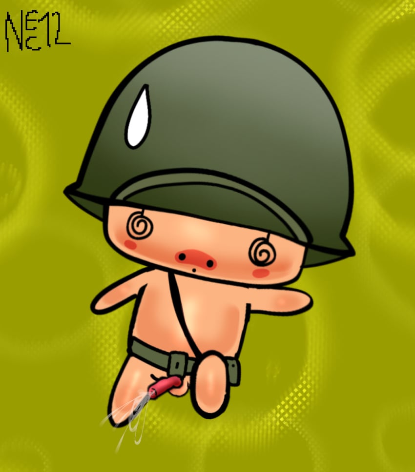 1boy @_@ accidental_cumshot accidental_exposure accurate_art_style anthro blush blushed chibi cum cumshot dick dick_out exposed exposed_dick exposed_penis first_porn_of_character first_porn_of_franchise hands-free helmet military military_hat military_helmet military_uniform mura:_military_pigs mura_(mmp) nec-12 penis_out pig pig_nose pig_penis pig_tail soldier soldier_helmet solo solo_male watermark