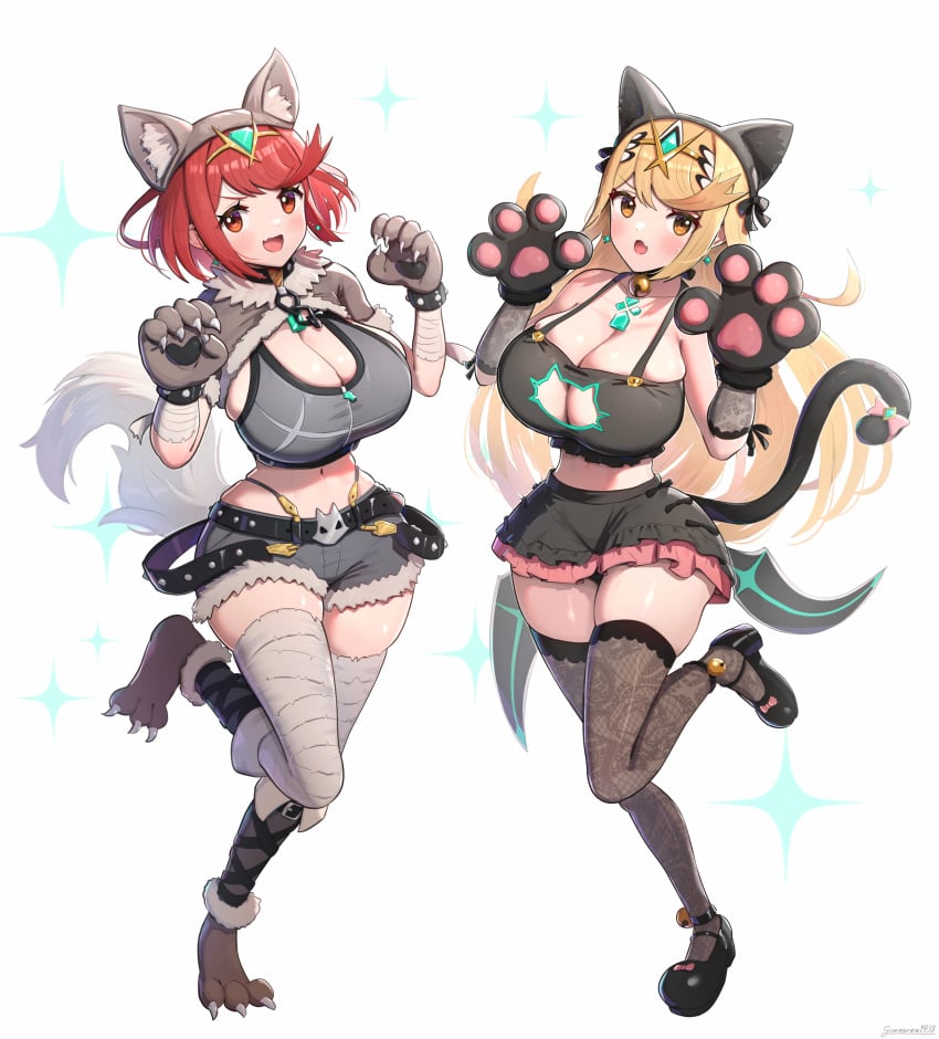 2girls absurdres alternate_costume animal_ears bell belt black_belt black_skirt black_thighhighs blonde_hair bob_cut breasts cat_ears cat_lingerie cat_tail chest_jewel cleavage cleavage_cutout clothing_cutout commentary_request crop_top earrings fake_animal_ears fake_tail floating_earring full_body gonzarez halloween halloween_costume highres jewelry jingle_bell large_breasts long_hair looking_at_viewer medium_hair meme_attire multiple_girls mythra mythra_(xenoblade) navel neck_bell oerba_yun_fang open_mouth paw_pose pyra pyra_(xenoblade) red_eyes red_hair short_shorts shorts sidelocks simple_background skin_fang skirt smile standing standing_on_one_leg tail thighhighs white_background wolf_ears wolf_tail xenoblade_chronicles_(series) xenoblade_chronicles_2 yellow_eyes