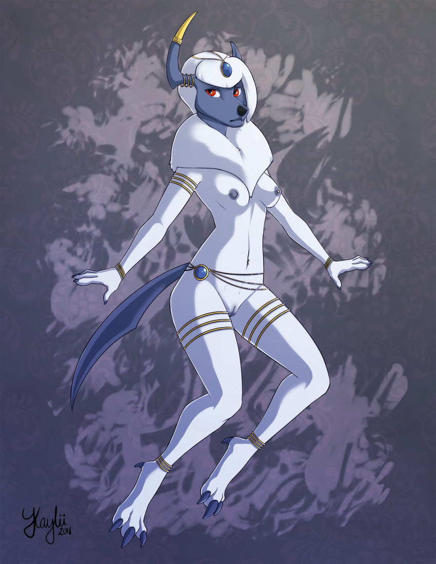 2018 3_toes absol anthro areola armwear blue_nipples bracelet breasts claws clothing feet female fur furgonomics generation_3_pokemon genitals hi_res horn horn_jewelry jewelry kaylii legwear mostly_nude navel nintendo nipples pokemon pokemon_(species) pussy red_eyes signature simple_background solo tagme tail toes white_body white_fur