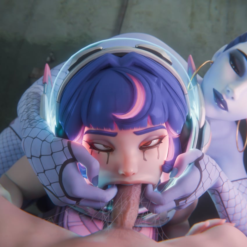 1male 2 3d ahe_gao big_penis blender blowjob cero3d deepthroat earrings female female_focus fingers fishnets forced_oral futanari highres juno_(overwatch) nose_blush overwatch overwatch_2 runny_makeup sloppy_blowjob teeth widowmaker