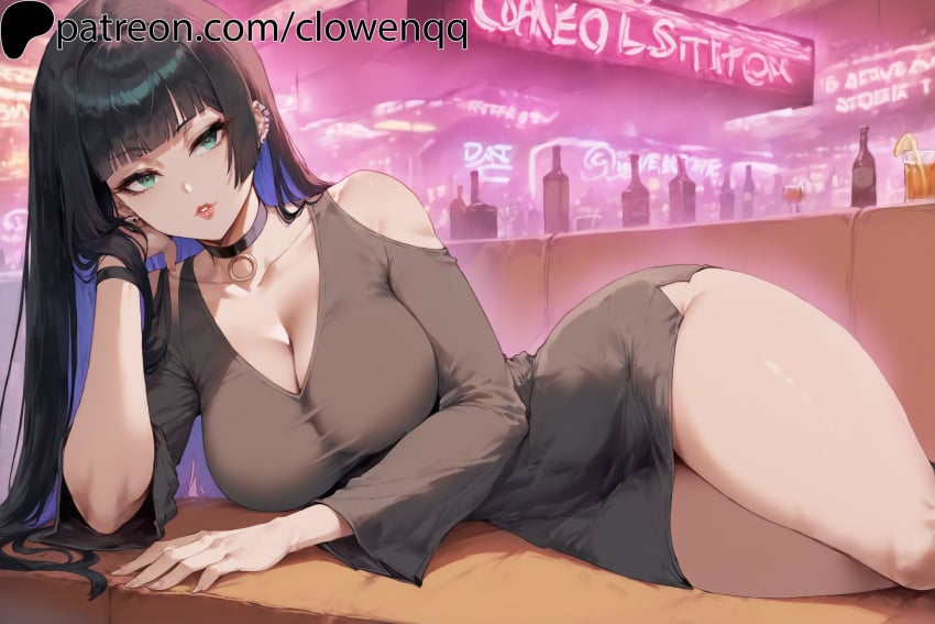 1girls ai_generated bar big_breasts black_dress black_hair bocchi_the_rock! breasts choker clothed clowenqq club ear_piercing female female_only green_eyes hime_cut indoors lips long_hair looking_at_viewer lying multicolored_hair neon_lights on_side pa-san solo thick_thighs thighs