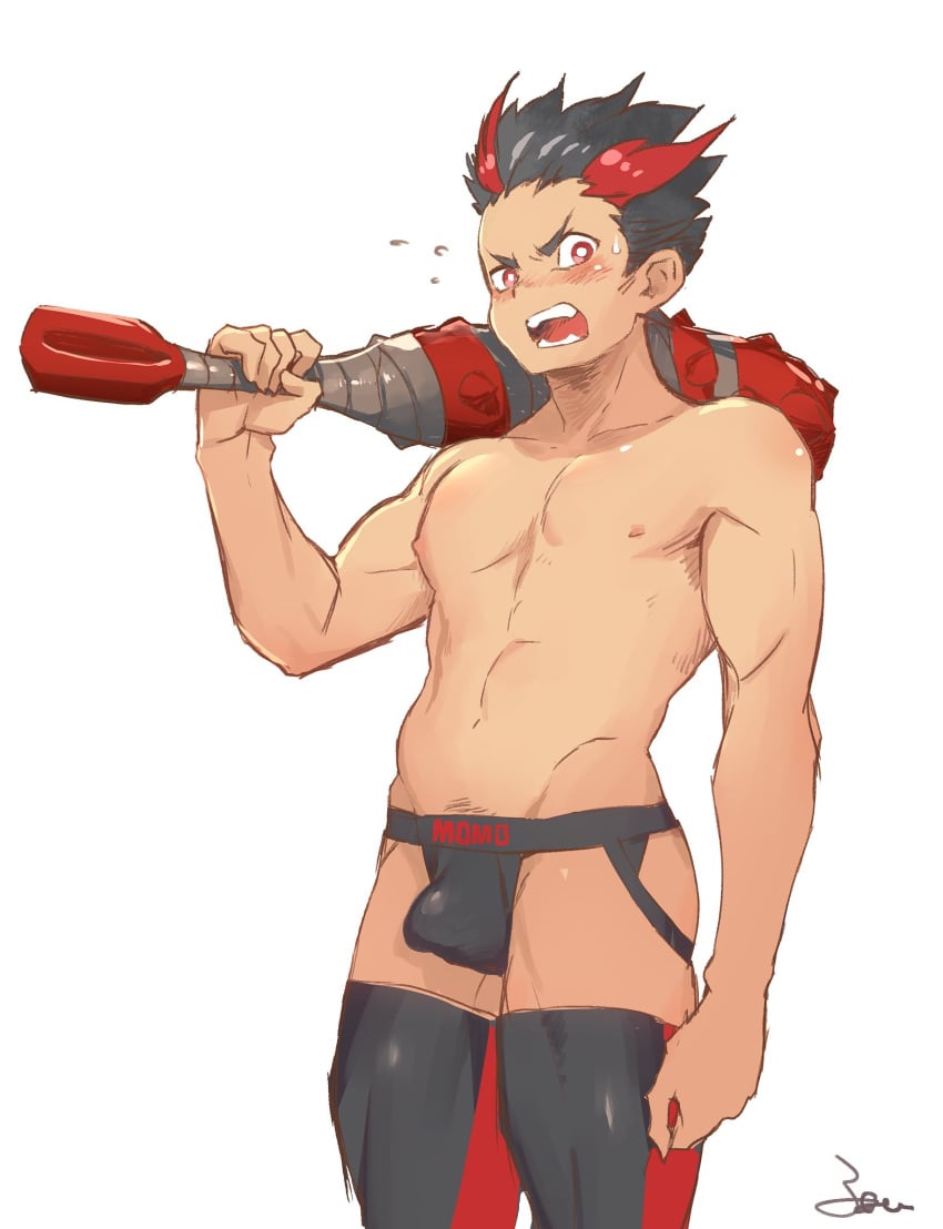 1boy black_hair blush blush bulge club club_(weapon) embarrassed erection erection_under_jockstrap fai_(fai-storage) gijinka humanization humanized jockstrap kamen_rider kamen_rider_den-o_(series) kanabou knee_socks looking_at_viewer male male_focus male_only momotaros muscles muscular muscular_male open_mouth open_mouth red_eyes red_streak red_streaks sharp_teeth short_hair solo spiked_hair sweat sweatdrop weapon_over_shoulder