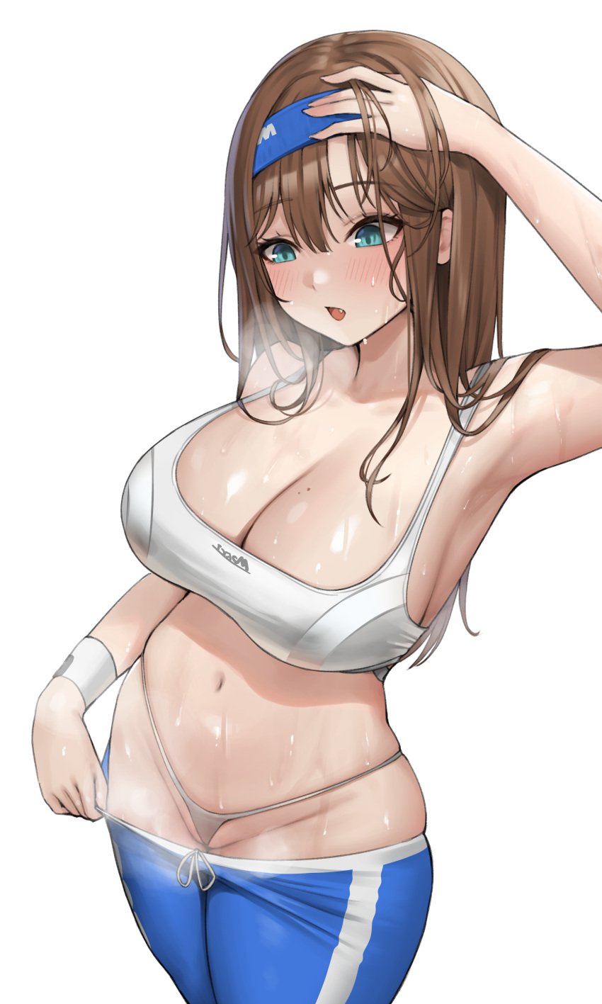 absurdres blue_eyes blue_hairband blue_pants blush breasts brown_hair cleavage female goddess_of_victory:_nikke hairband highres kurone_rinka large_breasts long_hair mole mole_on_breast navel panties pants rumani simple_background solo sports_bra sportswear sweat underwear very_sweaty white_background white_sports_bra wristband yoga_pants