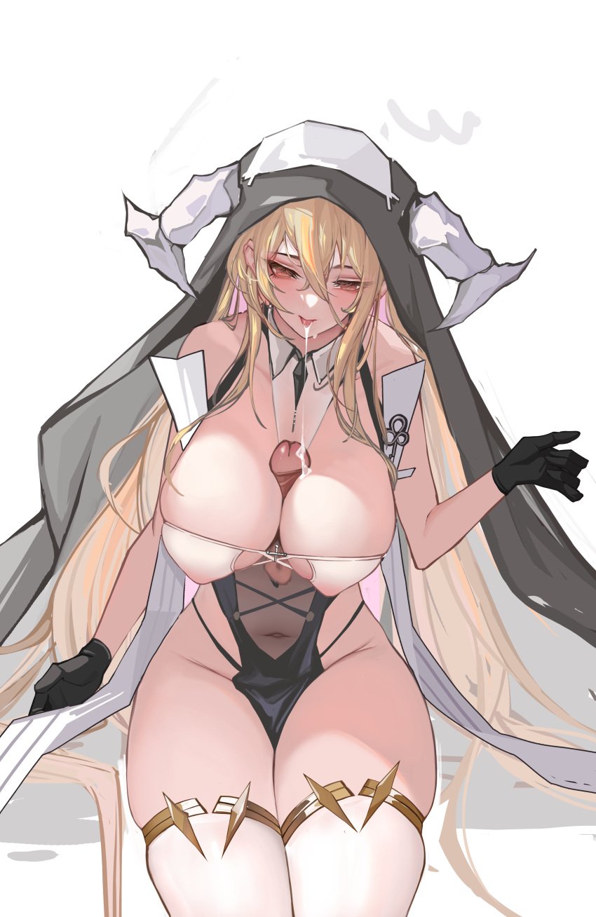 absurdres azur_lane bare_shoulders black_gloves blonde_hair breasts chinese_commentary cleavage covered_navel covered_nipples cum cum_in_mouth disembodied_penis fake_horns female gloves hair_between_eyes highres horns implacable_(azur_lane) large_breasts long_hair long_hair_between_eyes paizuri panty_straps pelvic_curtain penis red_eyes revealing_clothes simple_background sitting solo thighhighs two-tone_dress variant_set veil very_long_hair white_background white_horns white_thighhighs yaoshan_shi