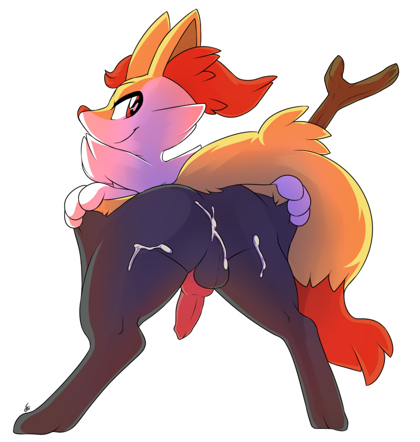 1boy 2015 animal_genitalia anthro ass back_view backsack balls bent_over braixen canine canine_penis cum cum_in_ass cum_inside cum_on_ass digitigrade erection femboy highres knot kyubikun looking_at_viewer looking_back low-angle_shot male male_only mammal naughty_face nintendo penis plain_background pokémon_(species) pokemon pokemon_(species) red_eyes smile solo white_background