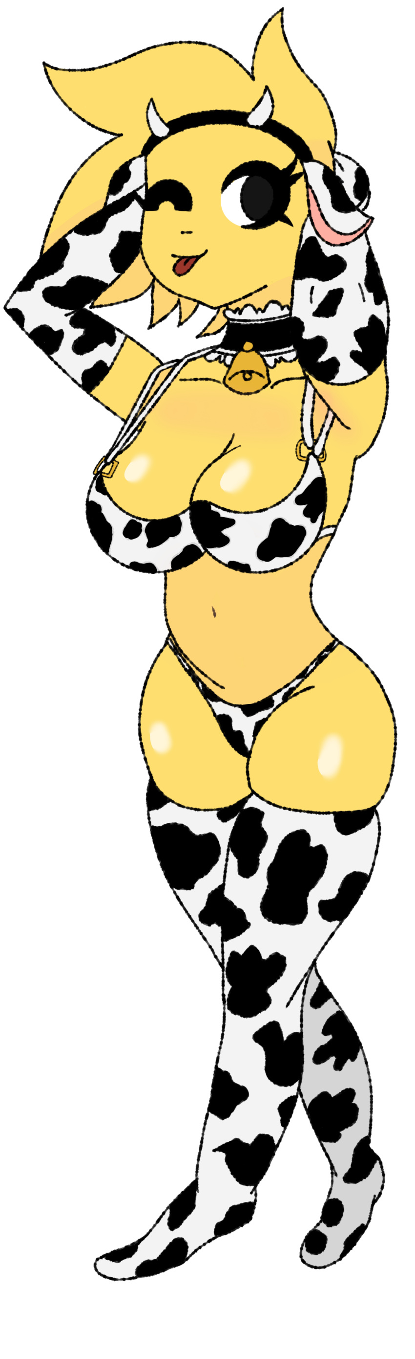 arm_sleeves bell big_breasts bikini black_eyes boobs bra breasts cow_ears cow_horns cow_print jink_strauss panties pose posing socks tits tongue tongue_out wink winking_at_viewer yellow_body yellow_hair yellow_skin