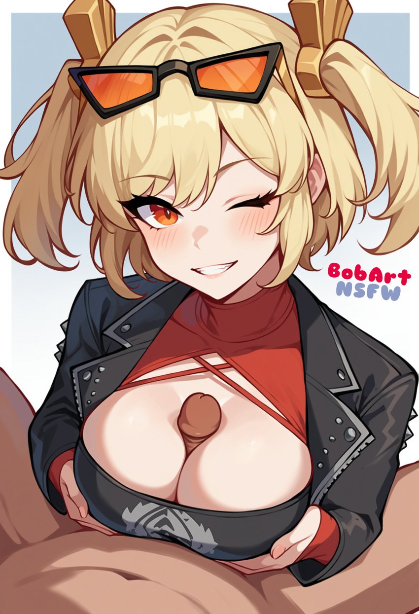 1boy 1girl1boy 1girls ai_generated blonde_hair blush bobartnsfw boobjob breasts breasts_squeezed_together burnice_white cleavage cropped_jacket eyewear eyewear_on_head female hair_between_eyes hair_ornament holding_breast jacket large_breasts looking_at_viewer mihoyo one_eye_closed orange_eyes paizuri_under_clothes penis pov pov_crotch pov_male short_hair sidelocks simple_background smile solo_focus stable_diffusion tinted_eyewear twintails upper_body watermark white_border wink winking_at_viewer zenless_zone_zero