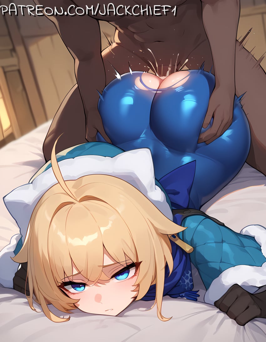 1boy 1boy1girl 1girls 2d ai_generated ass ass_focus ass_grab ass_up big_ass big_butt blonde_hair brown_arms brown_fingers brown_hands brown_legs dark-skinned_male fat_ass female honkai:_star_rail honkai_(series) huge_ass huge_butt jackchief lying lying_on_bed lying_on_stomach lynx_(honkai:_star_rail) lynx_landau penetration prone_bone ripped_clothing ripped_pants rough_sex sex short_hair thick thick_ass thick_thighs