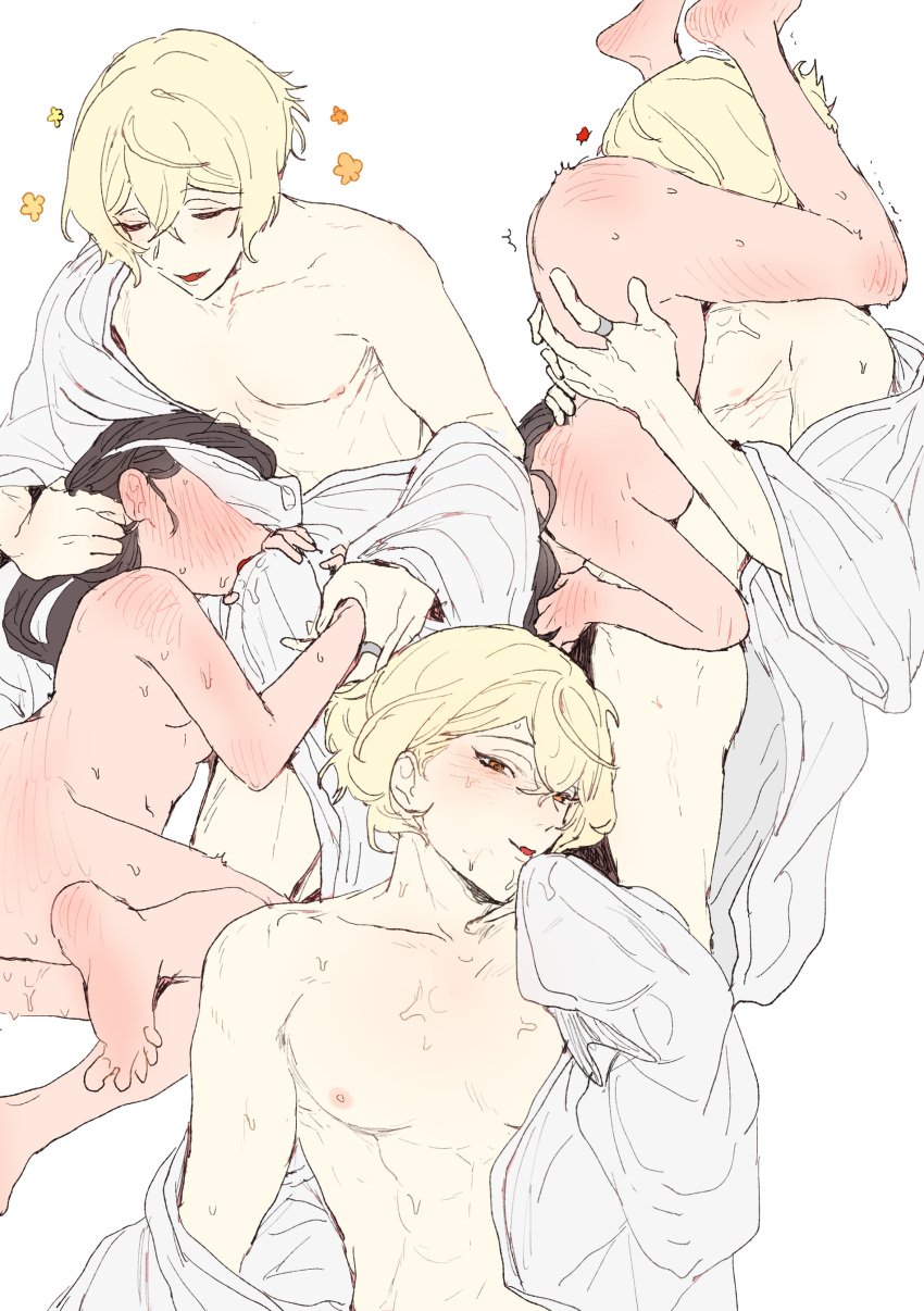 1boy 69 absurdres blonde_hair brown_hair carrying carrying_person clothed_male_nude_female cunnilingus dal-gi faceless faceless_female fellatio female higekiri_(touken_ranbu) highres long_hair looking_at_viewer multiple_views nude oral orange_eyes saniwa_(touken_ranbu) short_hair simple_background straight touken_ranbu white_background