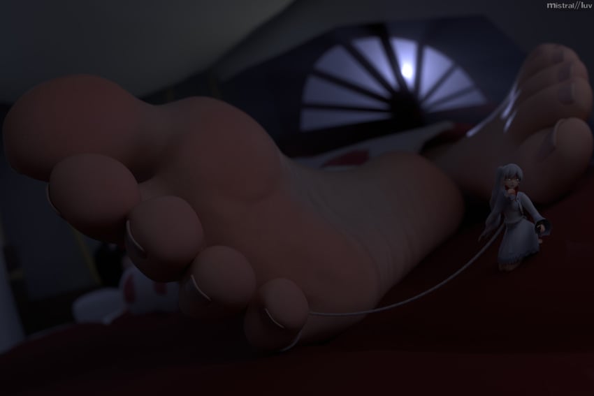 feet femdom femsub foot_fetish foot_focus foot_slave footdom giantess mistralluv ruby_rose rwby sleeping toe_leash weiss_schnee