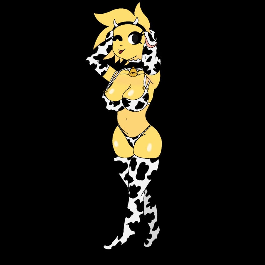 1girls bell_collar big_breasts big_breasts big_breasts bikini black_eyes bra breasts breasts breasts cow_bell cow_bikini cow_ears cow_ears_headband cow_horns cow_horns_headband cow_print cow_print_armwear cow_print_bikini cow_print_bra cow_print_gloves cow_print_legwear cow_print_thighhighs diadem eyelashes female gloves hands_behind_head headband jink_strauss panties shiny_breasts shiny_skin shiny_thighs sourgum suggestive thick_thighs thighhighs thighs tongue tongue_out winking yellow_skin