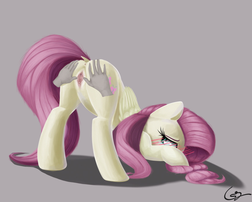 2015 anus ass ass_up blush cutie_mark disembodied_hand equine female feral fluttershy_(mlp) friendship_is_magic hair long_hair mammal mastgrr my_little_pony pegasus pink_hair pussy sex spread_pussy spreading vaginal_penetration wings