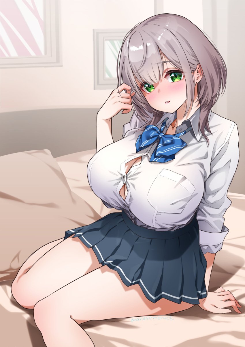 bed blue_bow blue_bowtie blue_skirt blush bob_cut bow bowtie breasts bursting_breasts button_gap collared_shirt commentary_request dress_shirt female green_eyes grey_hair hair_behind_ear hand_up highres hololive huge_breasts indoors long_sleeves looking_at_viewer medium_hair nanase_meruchi official_alternate_costume on_bed parted_lips pillow pleated_skirt shirogane_noel shirogane_noel_(school_uniform) shirt sitting skirt solo striped_bow striped_bowtie striped_clothes virtual_youtuber wavy_hair white_shirt