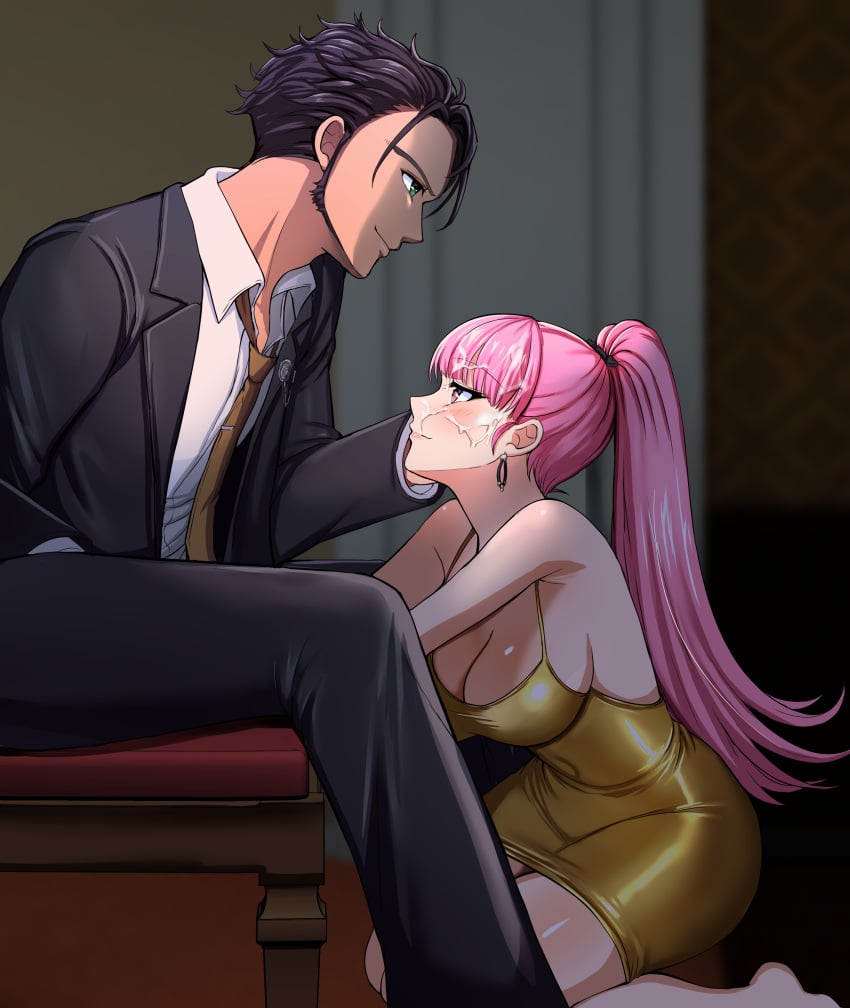 1boy 1boy1girl 1girls 2025 absurd_res barefoot bedroom big_breasts blush blush_lines breasts brown_hair brown_skin chair claude_von_riegan couple cum cum_in_face dress earrings facial feet fire_emblem fire_emblem:_three_houses green_eyes highres hilda_valentine_goneril huge_breasts kneeling kneeling_female kneeling_oral_position long_hair pink_eyes pink_hair ponytail short_hair sideburns suit suit_and_tie tara_(szzj7733)