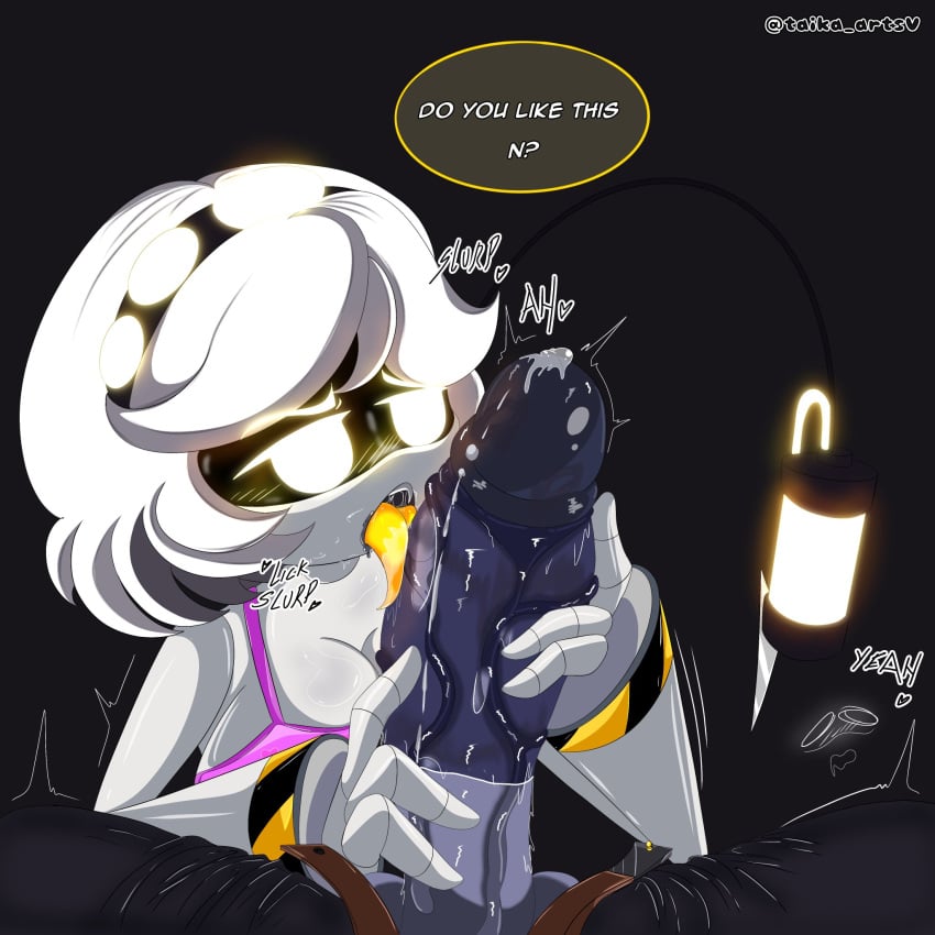 big_penis blowjob bra dick envy_(murder_drones) female fluids glitch_productions licking licking_penis liquids male male/female murder_drones n_(murder_drones) penis taika_artsv tongue_around_penis v_(murder_drones) white_hair