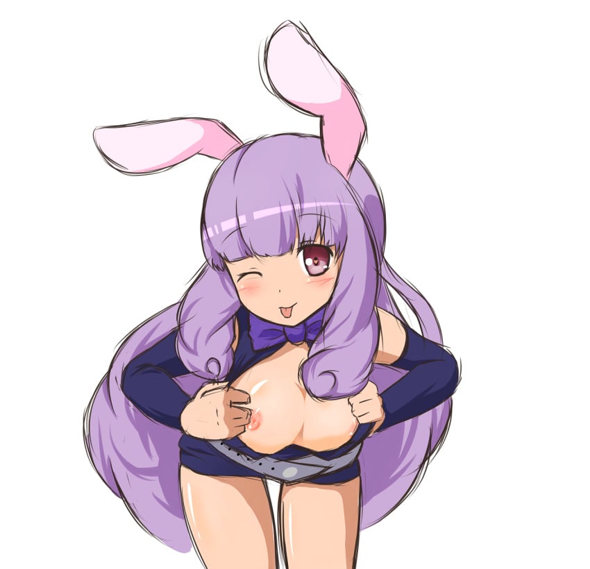 breasts bunny_ears chuchu female heart heart-shaped_pupils long_hair looking_at_viewer midriff nipples presenting purple_hair red_eyes show_by_rock!! smile solo thigh_gap tongue tongue_out wing