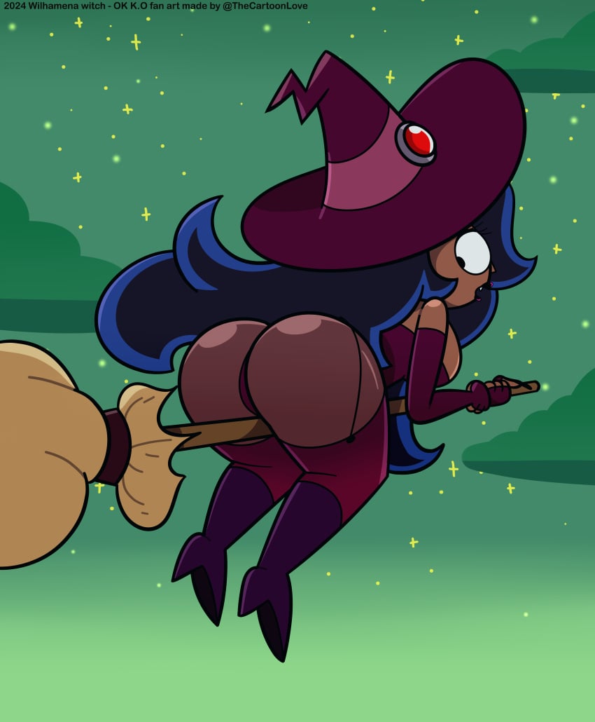 big_ass big_breasts big_eyes broom broom_riding brown_skin cartoon_network clothed clothing large_hair looking_back mature_female milf ok_k.o.!_let's_be_heroes the_cartoon_love thick_ass thick_thighs thight_clothing vampire wilhamena witch witch_costume witch_hat