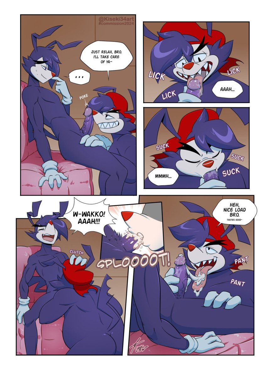 amblin_entertainment animaniacs animaniacs_(2020) anime-aniacs anthro ass black_body black_fur bodily_fluids brother_(lore) brothers_(lore) clothing comic cum cum_in_mouth cum_inside dialogue digital_media_(artwork) duo english_text erection fellatio fur gay gay_incest genital_fluids genitals glans gloves hair handwear hat headgear headwear hi_res hulu incest incest_(lore) inkblot kiseki_art male male/male mammal nude open_mouth oral oral_penetration penetration penile penile_penetration penis penis_in_face penis_in_mouth red_clothing red_hat red_headwear sex sibling_(lore) simple_background smile tail teeth text tongue tongue_out wakko_warner warner_bros warner_brothers yakko_warner