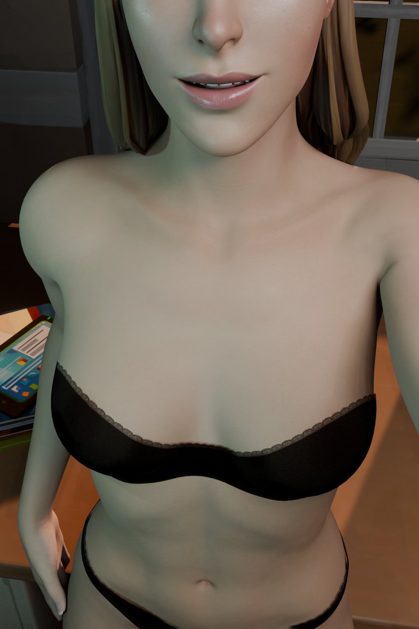 1girls 3d black_bra black_panties blender blonde_hair bra_and_panties enigmaj eyes_not_visible eyes_out_of_frame female_focus female_only life_is_strange light-skinned_female rachel_amber selfie solo_female